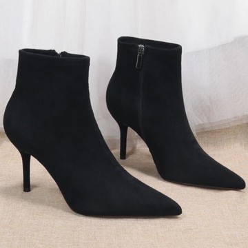 冬新款絨面尖頭細跟高跟短靴顯瘦百搭黑色加絨側拉鏈短筒靴8788/7