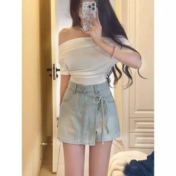 現款免運 牛仔短褲 丹寧短褲 牛仔熱褲 短牛仔褲 辣妹假兩件牛仔短褲女2026夏季新款高腰顯瘦不規則洋氣綁帶裙褲子Gf