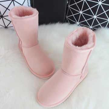 2024冬季新款正品真皮粉色雪地靴女皮毛一體中筒靴子防滑雪地棉鞋