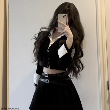 歐美假兩件長袖襯衫女裝春秋季拼接修身短款上衣
