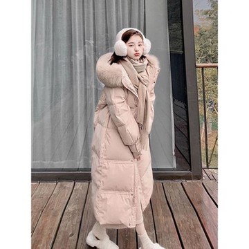 時尚2024新款過膝羽絨服女中長款冬大毛領爆款寬松加厚白鴨絨外套