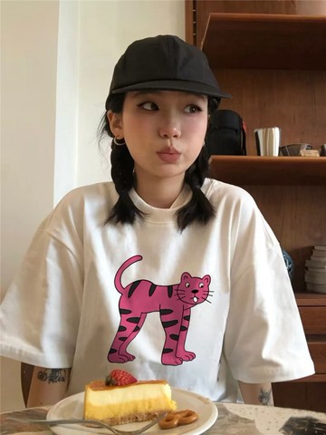 夏季白色正肩短袖T恤設計感小眾寬鬆半袖女生上衣 印花寬鬆情侶短袖T 上衣女 美式t  韓版T 大學T