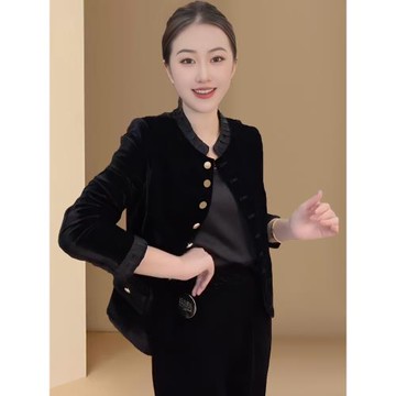 春秋金扣絲絨小香風外套女2025新款歐貨洋氣法式氣質時尚立領上衣