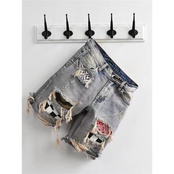 夏天薄款貼布補丁破洞牛仔短褲男寬松直筒五分韓版潮流個性中褲子