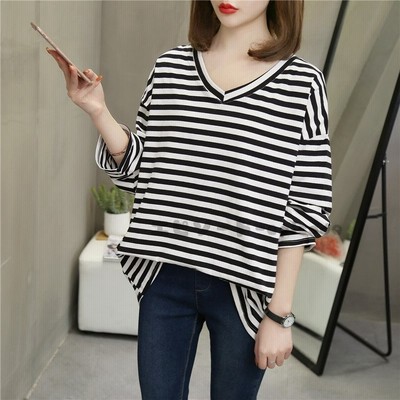 Drop ロングtシャツ レディース トップス ロング丈 長袖 Vネック ドロップショルダー ボーダーtシャツ ゆったり ゆるtシャツ プルオーバー カットソー ロンt 春秋 通販 Lineポイント最大get Lineショッピング