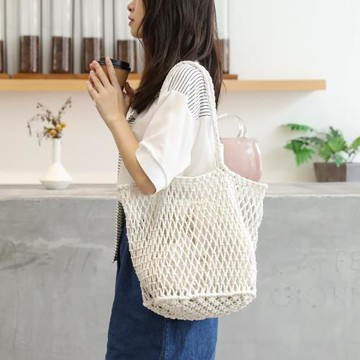 ins鏤空海邊托特包百搭棉麻繩編織包女單肩水桶包子母手提沙灘包