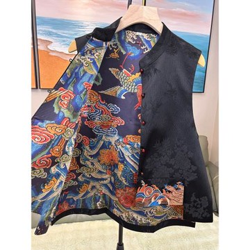 新中式媽媽裝秋季2025新款雙面雙穿馬甲女X立領繡花復古國風馬夾