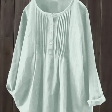 100KG大尺碼 寬松春夏棉麻長袖襯衫百搭圓領清新女式襯衣胖人肚子上衣