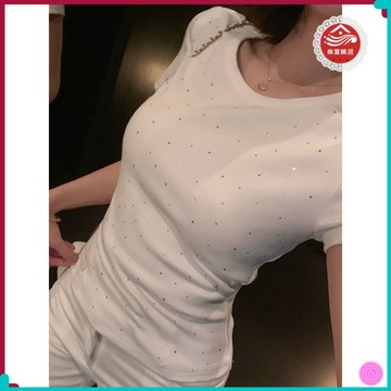 新款上市 桃園出貨🌸 美式重工滿鑽t恤女短袖夏季新款設計感修身顯瘦甜酷辣妹白色上衣 IG9A