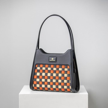 Woven Straw and Genuine Leather Shoulder Bag in Black Orange