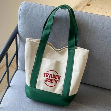 美國潮牌trader joes時尚潮流帆布購物袋拼色單肩包刺繡手提包