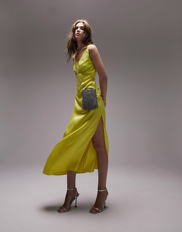 Topshop cami satin and lace midi dress in lime-Green