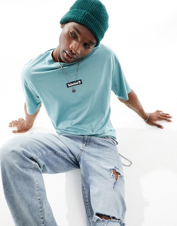Timberland oversized t-shirt with central logo in blue exclusive to asos-Black