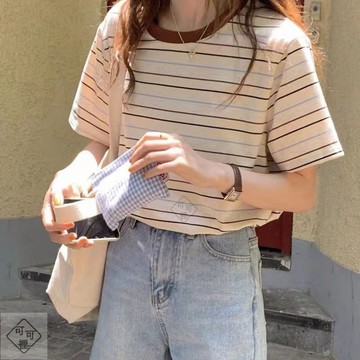 【可可裡】夏季新款韓版寬鬆ins撞色條紋文藝小清新短款圓領T恤短袖上衣女潮