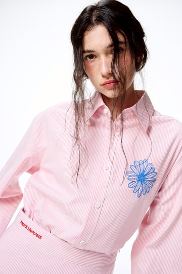 MARDI MERCREDI 細條紋牛津襯衫 粉色 經典小雛菊 藍花 刺繡 OXFORD SHIRT STRIPE