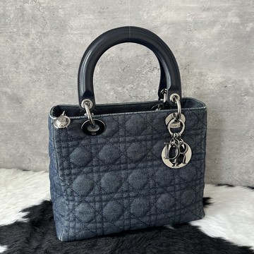DIOR 迪奧 Lady Dior 明線深藍牛仔 手提包