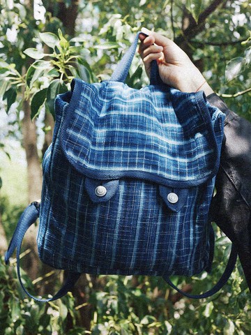 貴州藍染藍白格手織布 親子男女同款通勤雙肩包後背包書包