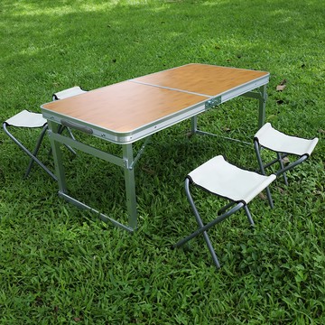 FOSO 方管無傘孔鋁合金折疊桌 增高款 竹紋桌面 露營折疊桌椅組 (桌 + 椅 4個) 120 x 60cm  竹紋  1組  120 公分