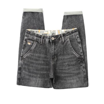 高級質感深灰色斜插兜牛仔褲男潮牌2023春夏薄款修身小腳彈力長褲