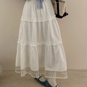 MOCO法式甜美鬆緊腰荷葉滾邊蕾絲鏤空下擺層次浪漫蛋糕裙大擺裙