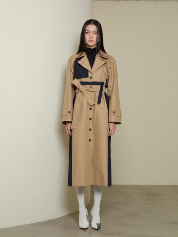 Two-tone Shell Paneled Double Breasted Oversized Coat [Beige/Navy]