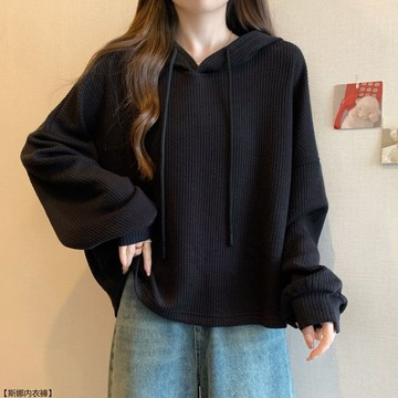 黑色連帽正肩長袖衛衣女秋季大碼微胖mm顯瘦歐貨時尚打底帽衫