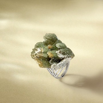 綠色水晶 活口戒指 隨形原石標本 星光閃片晶簇手工指環 S925銀