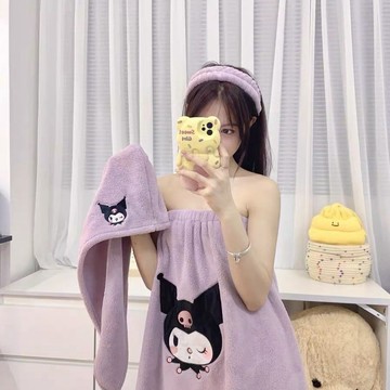 庫洛米浴裙🎀 珊瑚絨新款浴袍可穿式裹巾吸水干發帽浴裙女洗澡大毛巾庫洛浴巾套