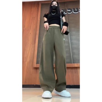 軍綠色運動松弛感衛褲女2025早秋新款高腰直筒拖地褲顯瘦休閑褲子