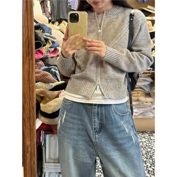 2025秋冬春秋新款顯瘦灰色慵懶風針織開衫上衣女短款毛衣外套ins