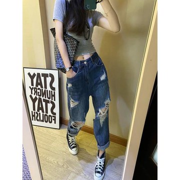 前后大破洞闊腿藍色牛仔褲女夏薄款2025高腰顯瘦乞丐直筒褲小個子