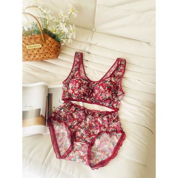 大碼胖MM性感碎花前扣文胸內褲套裝網紗透氣舒適無鋼圈薄款罩杯