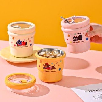 復古咖啡杯雙層隔熱防燙隨手杯304不銹鋼可愛卡通飲水杯卡通萌趣