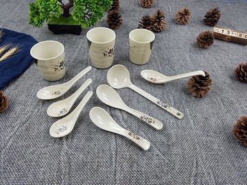 清荷仿瓷創意杯子酒店螺紋杯水杯茶杯密胺勺子龜勺湯勺火鍋餐具