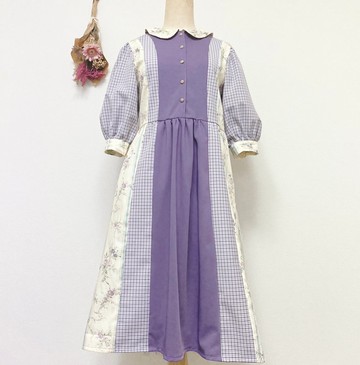 古典風 薰衣草紫 × 花卉 × 格紋 和諧洋裝