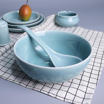 龍泉唐宮青瓷纏枝湯碗創意陶瓷面碗大碗加厚 大湯碗酒店家用餐具