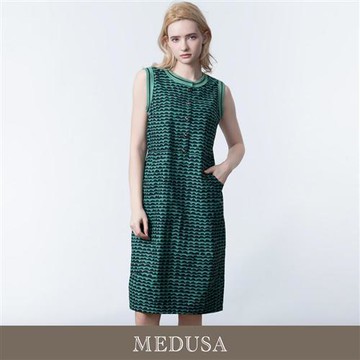 現貨【MEDUSA 曼度莎】綠黑波浪羅紋拼接無袖洋裝（M-XL）｜女休閒洋裝 棉洋裝
