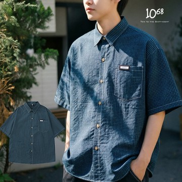 『1068』夏季日系復古 經典藍色格子短袖襯衫 寬鬆情侶款 百搭休閒襯衣 【A91824】