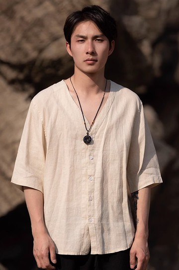 新中式復古 亞麻V領短袖襯衫