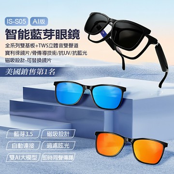 AI版 IS-S05 智能藍芽眼鏡 全系列雙基板+TWS立體音雙聲道 骨傳導技術 寶利徠鏡片 抗UV 抗藍光 防眩光 磁吸設計