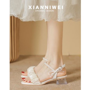 一字帶涼鞋女2025夏季新款法式粗跟透明仙女風性感露趾時裝高跟鞋