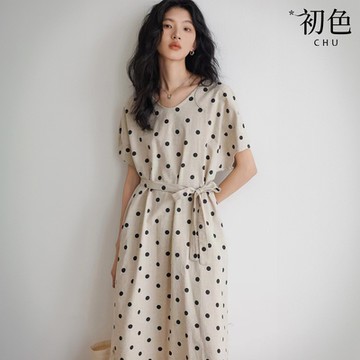 初色 復古棉麻風V領寬鬆綁帶點點口袋短袖中長裙連衣裙連身洋裝-圓點-10110(M-2XL可選)