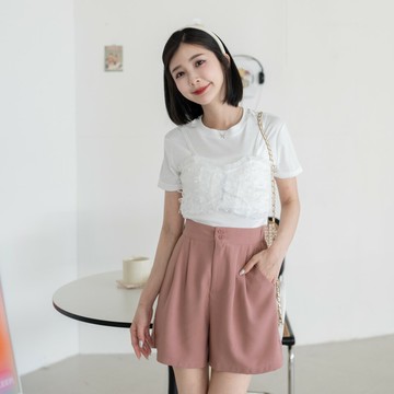 假兩件蕾絲背心拼接圓領短袖上衣 JN342822【現貨】