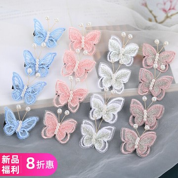 可愛繡蝶發夾女古風發飾刺繡蝴蝶對夾側邊夾子兒童飾品古裝頭飾