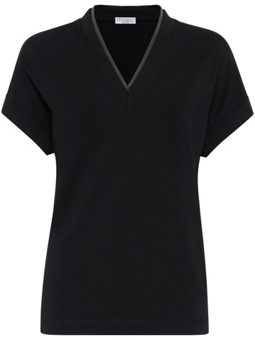 Brunello Cucinelli - Monili-detail knitted v-neck top - women - Cotton/Spandex/Elastane/Eco Brass - S - Black
