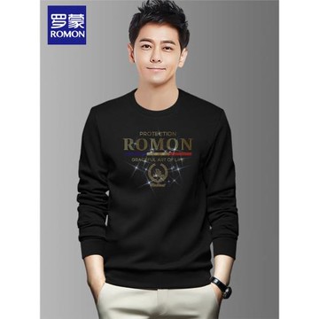 羅蒙圓領衛衣男秋冬季2025新款加絨加厚寬松大碼黑色無帽上衣外套
