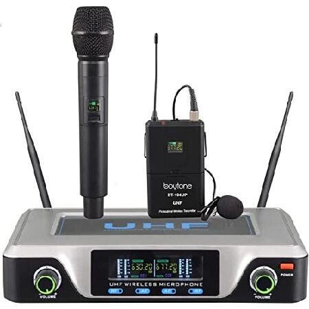 Boytone BT-104UM, UHF Wireless Microphone System, Dual fix Channel Handheld Dynamic Mics Lapel Headset Body Pack, for Home Party, Meeting, Wedding, Ch