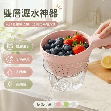 台灣出貨✨ 雙層瀝水籃 帶手柄洗果籃 藍莓清洗籃 家用濾水盤 水果蔬果瀝水架 可愛小號廚房用品