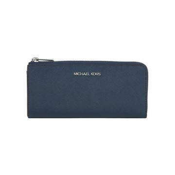 Michael Kors 銀字Logo 防刮皮革L型拉鍊長夾(海軍藍)