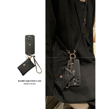 復古山茶花菱格卡包適用蘋果15promax手機殼17pro斜挎iphone16pro小香風12皮質手鏈11秋冬14promax高級感13女